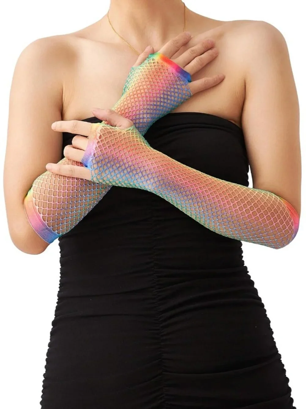 Women's Rainbow Fishnet Fingerless Gloves Gothic Punk Emo 80s Scene Arm Sleeves